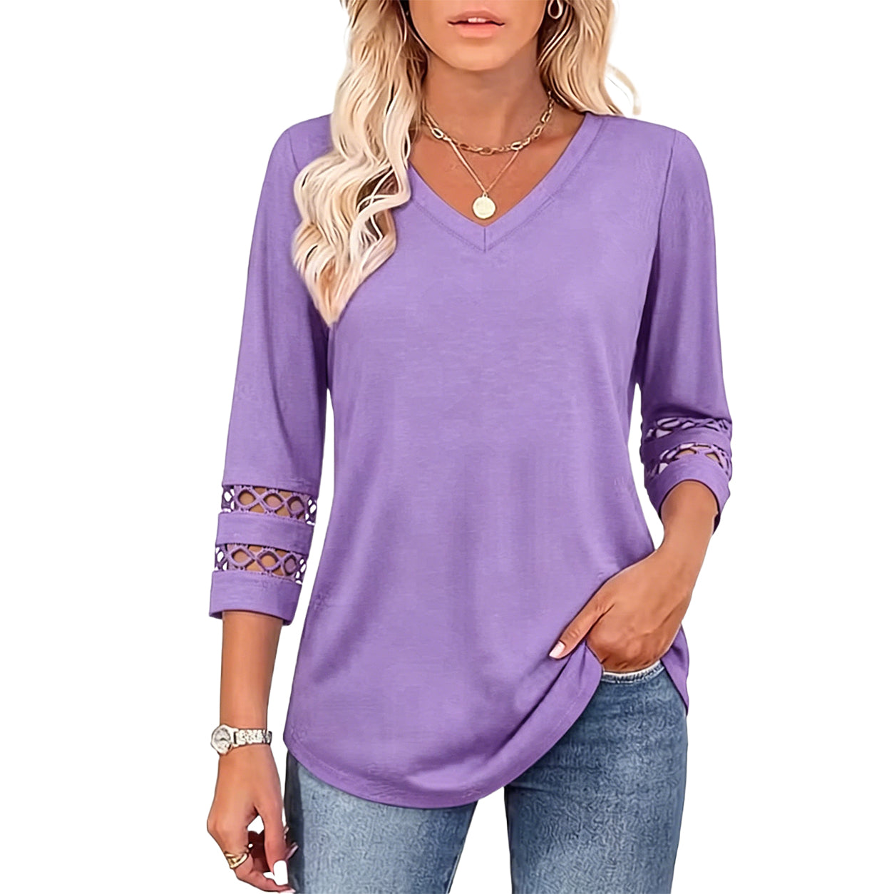 2026 New Womens 3/4 Length Sleeve Tops Trendy V Neck T Shirts