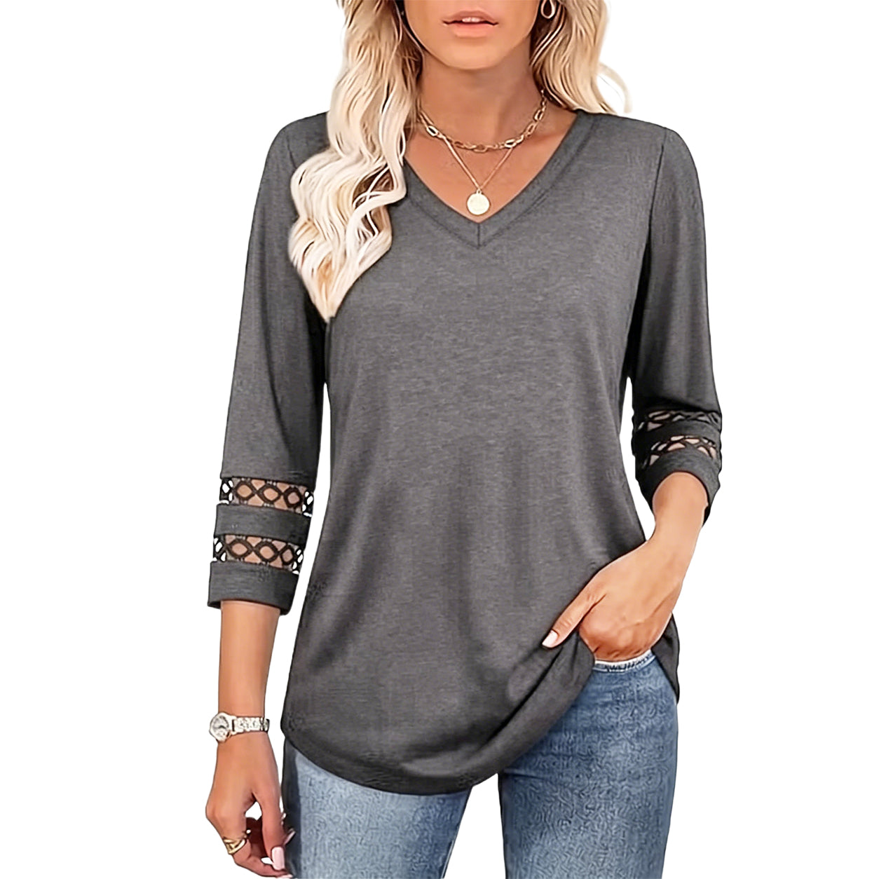 2026 New Womens 3/4 Length Sleeve Tops Trendy V Neck T Shirts
