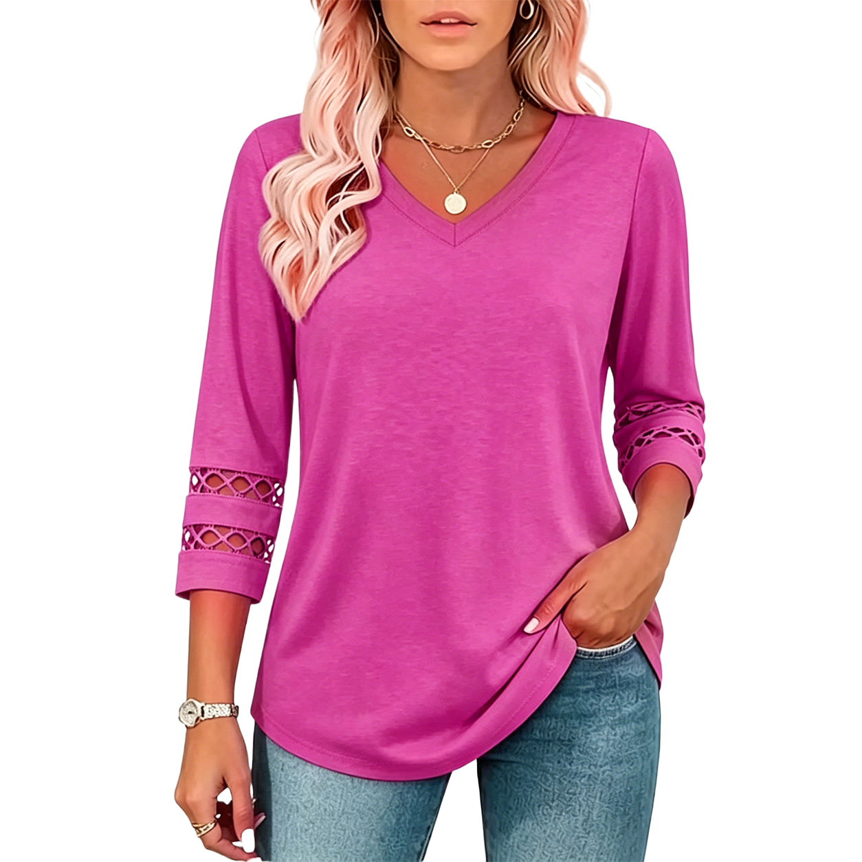 2026 New Womens 3/4 Length Sleeve Tops Trendy V Neck T Shirts