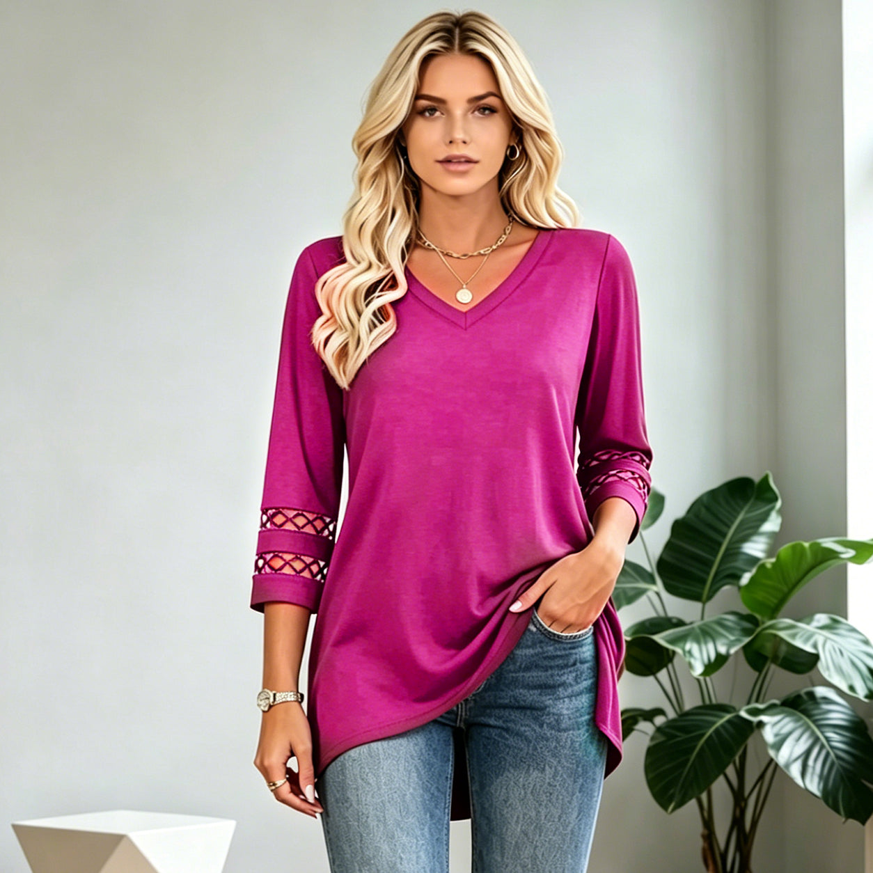 2026 New Womens 3/4 Length Sleeve Tops Trendy V Neck T Shirts