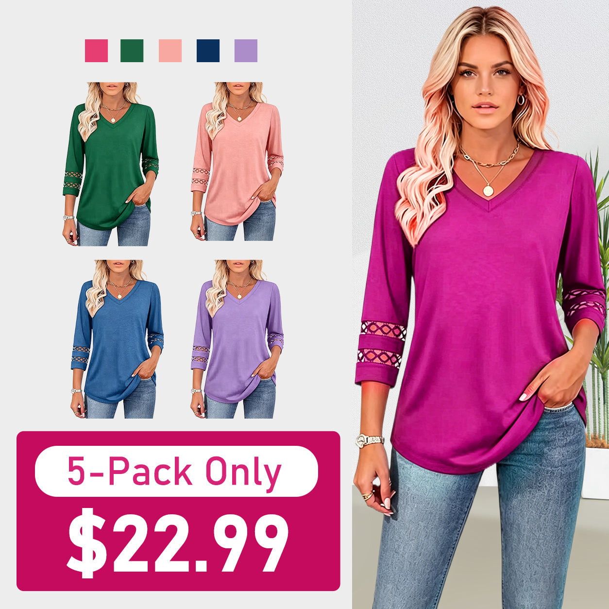 2026 New Womens 3/4 Length Sleeve Tops Trendy V Neck T Shirts