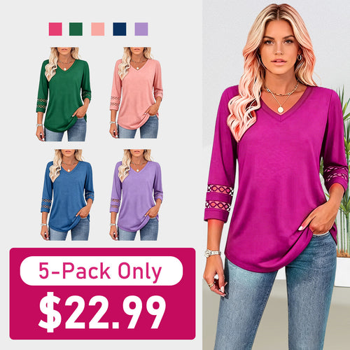 2026 New Womens 3/4 Length Sleeve Tops Trendy V Neck T Shirts