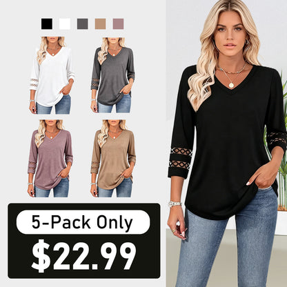 2026 New Womens 3/4 Length Sleeve Tops Trendy V Neck T Shirts