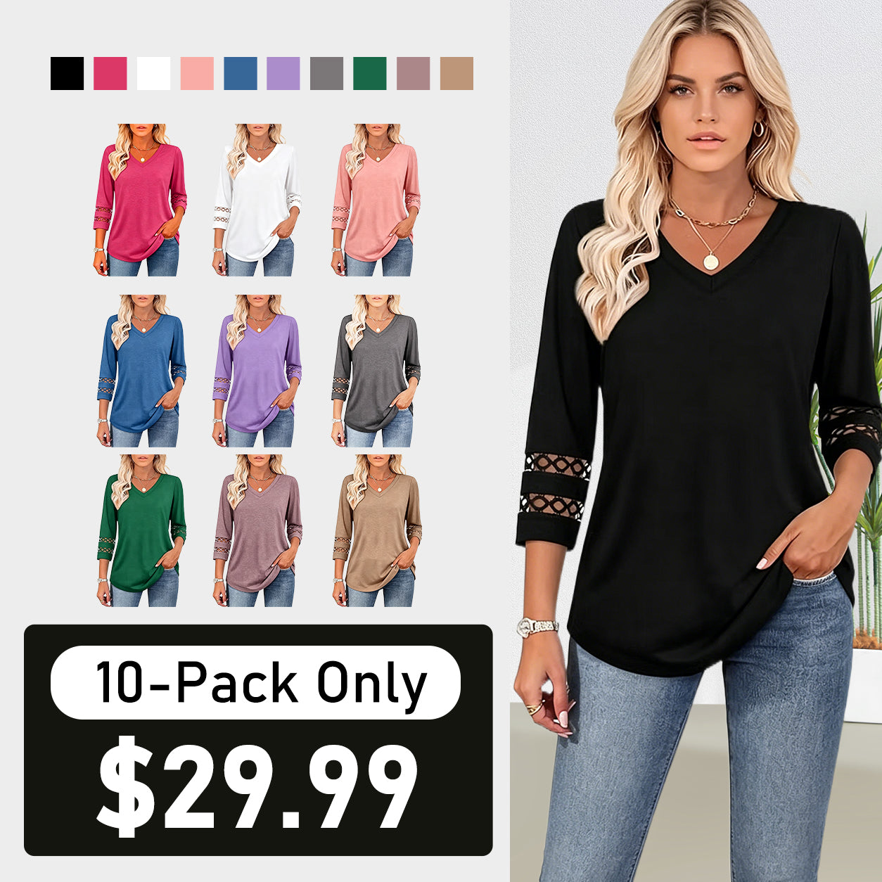 2026 New Womens 3/4 Length Sleeve Tops Trendy V Neck T Shirts