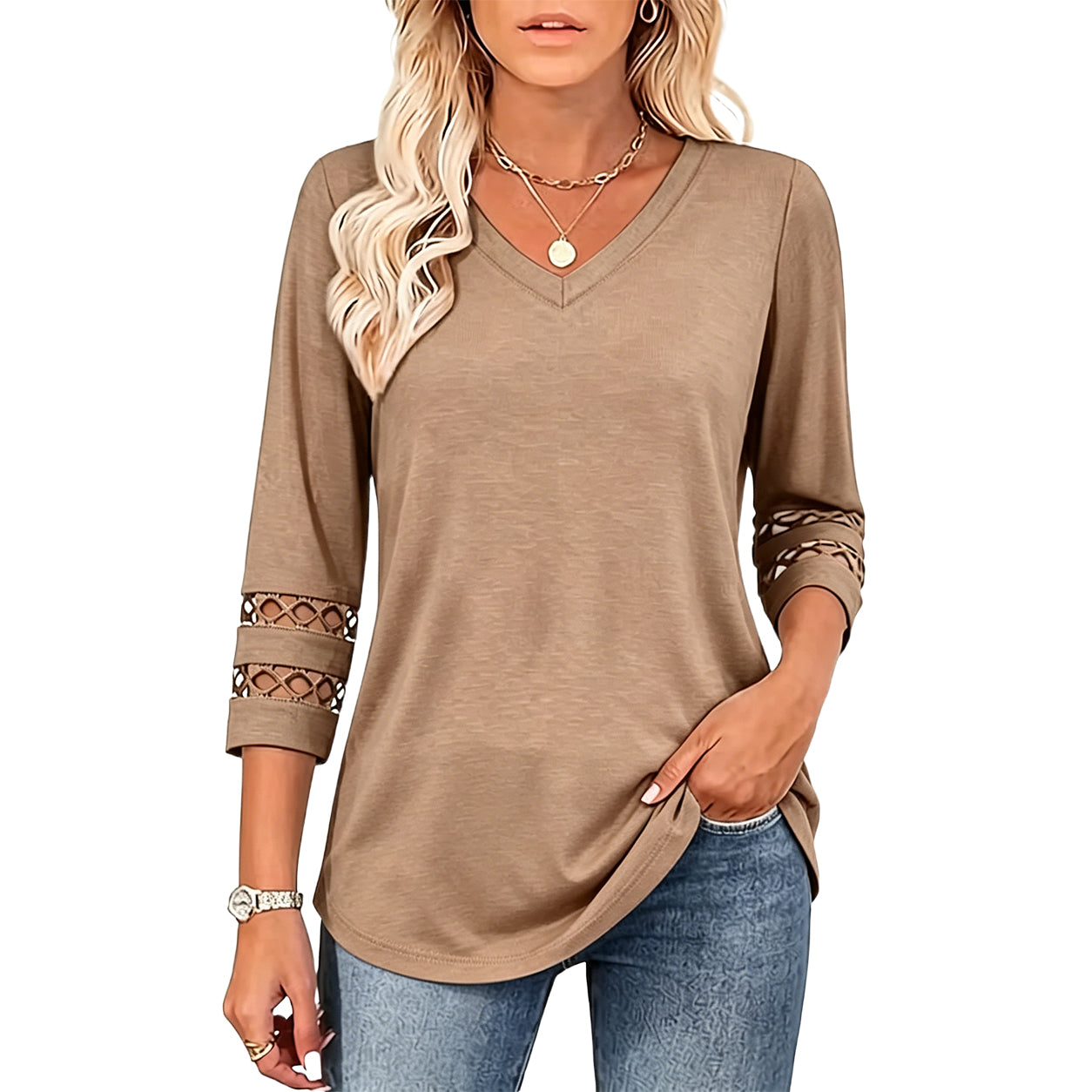 2026 New Womens 3/4 Length Sleeve Tops Trendy V Neck T Shirts