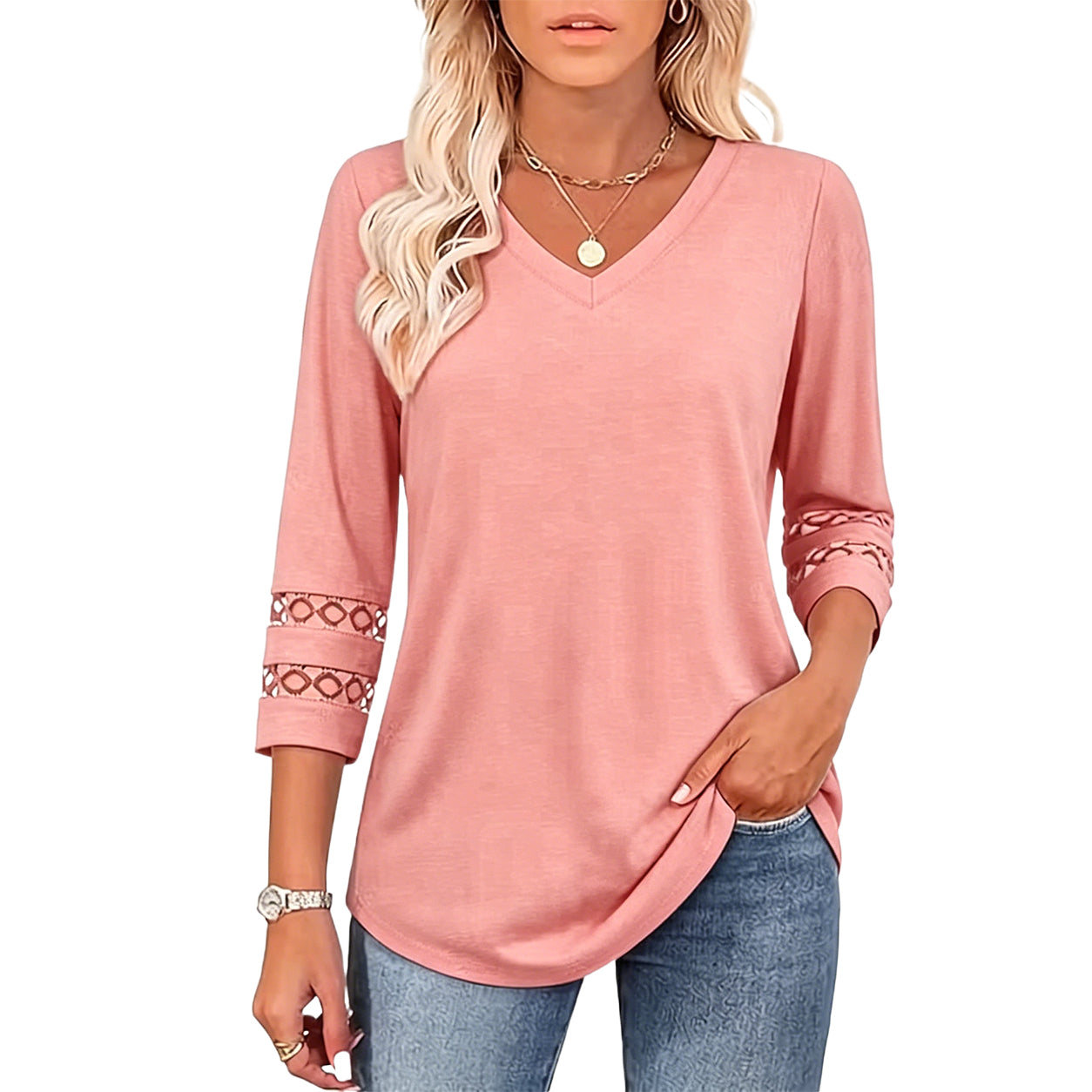 2026 New Womens 3/4 Length Sleeve Tops Trendy V Neck T Shirts